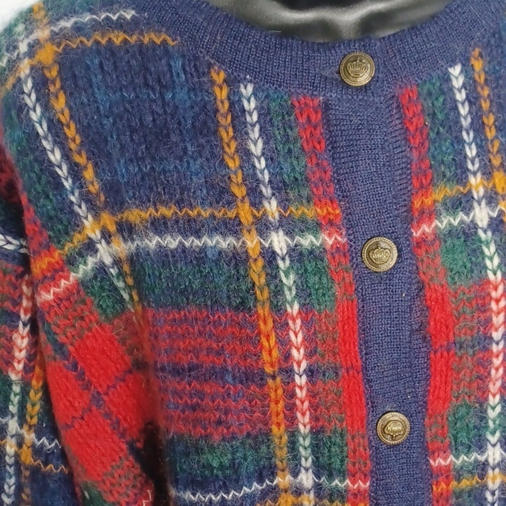 Vintage Cape Isle Plaid Mohair Blend Knit Cardigan - Navy / Red green, 24”PTP - Picture 2 of 8